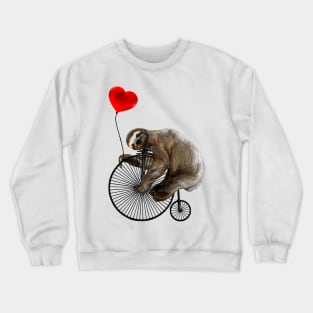 Sloth on Penny Farthing Velocipede with Heart Balloon Crewneck Sweatshirt